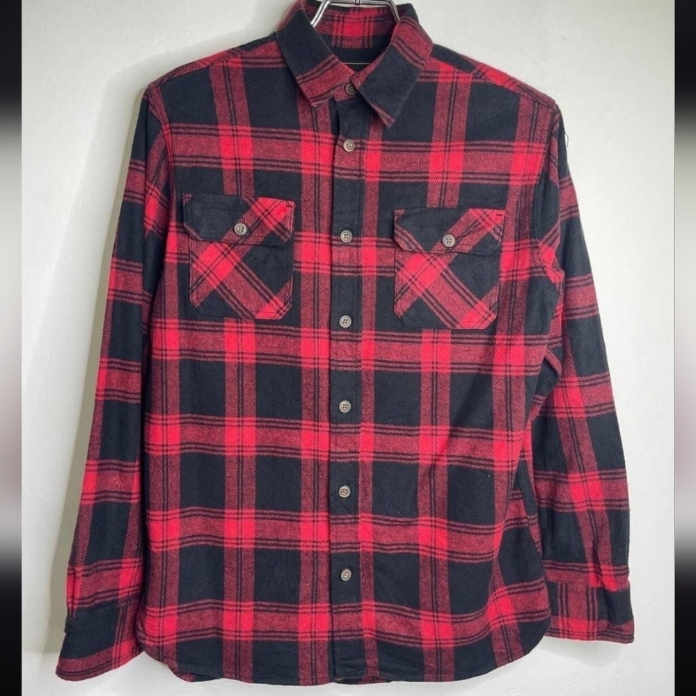 Vintage JACHS Plaid Red Black Flannel Button Shirt 100% Cotton Small